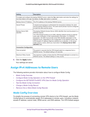 Page 396Set Up Virtual Private Networking With IPSec Connections 
394 ProSAFE Dual WAN Gigabit WAN SSL VPN Firewall FVS336Gv2 
8. Click the Apply button.
Your settings are saved.
Assign IPv4 Addresses to Remote Users
The following sections provide information about how to configure Mode Config:
•Mode Config Overview
•Configure Mode Config Operation on the VPN Firewall
•Configure the NETGEAR ProSAFE VPN Client for Mode Config Operation
•Test the Mode Config Connection
•Change a Mode Config Record
•Remove One or...