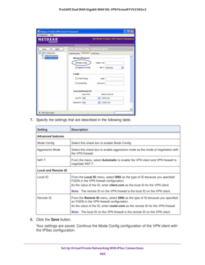 Page 407Set Up Virtual Private Networking With IPSec Connections 
405  ProSAFE Dual WAN Gigabit WAN SSL VPN Firewall FVS336Gv2
7. Specify the settings that are described in the following table.
8. Click the Save button.
Your settings are saved. Continue the Mode Config configuration of the VPN client with 
the IPSec configuration.
SettingDescription
Advanced features
Mode Config Select this check box to enable Mode Config.
Aggressive Mode Select this check box to enable aggressive mode as the mode of negotiation...