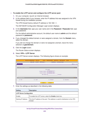 Page 424Set Up Virtual Private Networking With IPSec Connections 
422 ProSAFE Dual WAN Gigabit WAN SSL VPN Firewall FVS336Gv2 
To enable the L2TP server and configure the L2TP server pool:
1. On your computer, launch an Internet browser.
2. In the address field of your browser, enter the IP address that was assigned to the VPN 
firewall during the installation process.
The VPN firewall factory default IP address is 192.168.1.1.
The NETGEAR Configuration Manager Login screen displays.
3. In the Username field,...