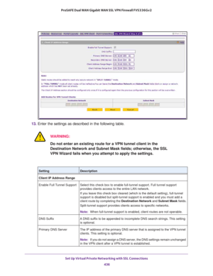 Page 438Set Up Virtual Private Networking with SSL Connections 
436 ProSAFE Dual WAN Gigabit WAN SSL VPN Firewall FVS336Gv2 
13. Enter the settings as described in the following table.
WARNING:
Do not enter an existing route for a VPN tunnel client in the 
Destination Network and Subnet Mask fields; otherwise, the SSL 
VPN Wizard fails when you attempt to apply the settings.
SettingDescription
Client IP Address Range
Enable Full Tunnel Support Select this check box to enable full-tunnel support. Full tunnel...