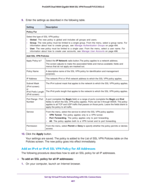 Page 483Set Up Virtual Private Networking with SSL Connections 
481  ProSAFE Dual WAN Gigabit WAN SSL VPN Firewall FVS336Gv2
9. Enter the settings as described in the following table.
10. Click the Apply button.
Your settings are saved. The policy is added to the List of SSL VPN Policies table on the 
Policies screen. The new policy goes into effect immediately.
Add an IPv4 or IPv6 SSL VPN Policy for All Addresses
The following procedure describes how to add an SSL policy for all IP addresses.
To add an SSL...