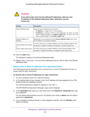 Page 509Manage Users, Authentication, and VPN Certificates 
507  ProSAFE Dual WAN Gigabit WAN SSL VPN Firewall FVS336Gv2
WARNING:
If you allow login only from the defined IP addresses, add your own 
IP address to the Defined Addresses table; otherwise, you are 
locked out.
13. Click the Add button.
The address is added to the Defined Addresses table.
14. Repeat Step 12 and Step 13 for any other addresses that you want to add to the Defined 
Addresses table.
Remove One or More IP Addresses for Login Restrictions...