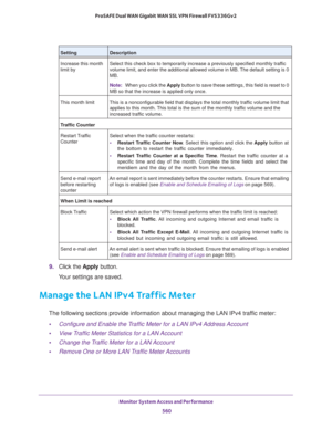 Page 562Monitor System Access and Performance 
560 ProSAFE Dual WAN Gigabit WAN SSL VPN Firewall FVS336Gv2 
9. Click the Apply button.
Your settings are saved.
Manage the LAN IPv4 Traffic Meter
The following sections provide information about managing the LAN IPv4 traffic meter:
•Configure and Enable the Traffic Meter for a LAN IPv4 Address Account
•View Traffic Meter Statistics for a LAN Account
•Change the Traffic Meter for a LAN Account
•Remove One or More LAN Traffic Meter Accounts
Increase this month 
limit...