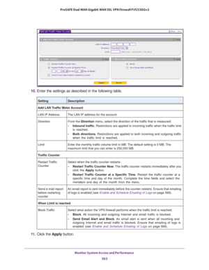 Page 565Monitor System Access and Performance 
563  ProSAFE Dual WAN Gigabit WAN SSL VPN Firewall FVS336Gv2
10. Enter the settings as described in the following table.
11. Click the Apply button.
SettingDescription
Add LAN Traffic Meter Account
LAN IP Address  The LAN IP address for the account.
Direction From the Direction menu, select the direction of the traffic that is measured:
• Inbound traffic. Restrictions are applied to incoming traffic when the traffic limit 
is reached.
• Both directions. Restrictions...