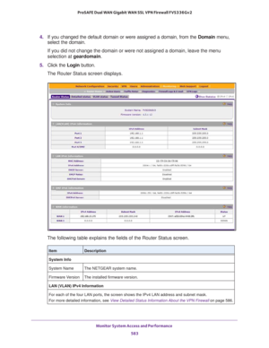 Page 585Monitor System Access and Performance 
583  ProSAFE Dual WAN Gigabit WAN SSL VPN Firewall FVS336Gv2
4. If you changed the default domain or were assigned a domain, from the Domain menu, 
select the domain.
If you did not change the domain or were not assigned a domain, leave the menu 
selection at geardomain.
5. Click the Login button.
The Router Status screen displays.
The following table explains the fields of the Router Status screen.
ItemDescription
System Info
System Name The NETGEAR system name....