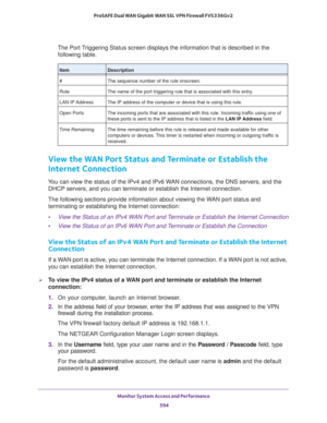 Page 596Monitor System Access and Performance 
594 ProSAFE Dual WAN Gigabit WAN SSL VPN Firewall FVS336Gv2 
The Port Triggering Status screen displays the information that is described in the 
following table.
View the WAN Port Status and Terminate or Establish the 
Internet Connection
You can view the status of the IPv4 and IPv6 WAN connections, the DNS servers, and the 
DHCP servers, and you can terminate or establish the Internet connection.
The following sections provide information about viewing the WAN...