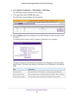 Page 599Monitor System Access and Performance 
597  ProSAFE Dual WAN Gigabit WAN SSL VPN Firewall FVS336Gv2
6. Select Network Configuration > WAN Settings > WAN Setup.
The WAN Setup screen displays the IPv4 settings.
7. In the upper right, select the IPv6 radio button. 
The WAN Setup screen displays the IPv6 settings:
8. Click the Status button that corresponds to the WAN interface for which you want to view 
the status. 
The following figure shows a static IP address configuration as an example.
The type of...