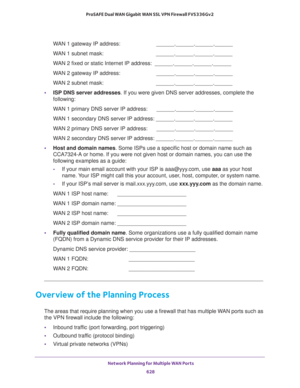 Page 630 Network Planning for Multiple WAN Ports
628 ProSAFE Dual WAN Gigabit WAN SSL VPN Firewall FVS336Gv2 
WAN 1 gateway IP address:                        ______.______.______.______
WAN 1 subnet mask:                                   ______.______.______.______
WAN 2 fixed or static Internet IP address:  ______.______.______.______
WAN 2 gateway IP address:                        ______.______.______.______
WAN 2 subnet mask:                                   ______.______.______.______
•ISP DNS server...