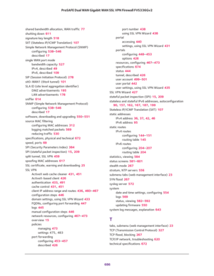Page 688 
686 ProSAFE Dual WAN Gigabit WAN SSL VPN Firewall FVS336Gv2 
shared bandwidth allocation, WAN traffic 77
shutting down 611
signature key length 518
SIIT (Stateless IP/ICMP Translation) 107
Simple Network Management Protocol (SNMP)
configuring 538–546
described 17
single WAN port mode
bandwidth capacity 527
IPv4, described 49
IPv6, described 109
SIP (Session Initiation Protocol) 278
sit0-WAN1 (6to4 tunnel) 101
SLA ID (site level aggregation identifier)
DMZ advertisements 195
LAN advertisements 178...