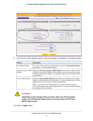 Page 71Configure the IPv4 Internet and WAN Settings 
71  ProSAFE Dual WAN Gigabit WAN SSL VPN Firewall FVS336Gv2
9. In the Router’s MAC Address section, enter the settings as described in the following table.
WARNING:
Depending on the changes that you made, when you click the Apply 
button, the VPN firewall might restart or services such as HTTP and 
SMTP might restart.
10. Click the Apply button.
SettingDescription
Use Default Address To use the VPN firewall’s own MAC address, select the Use Default Address...