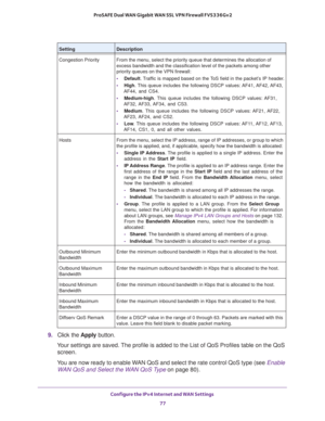 Page 77Configure the IPv4 Internet and WAN Settings 
77  ProSAFE Dual WAN Gigabit WAN SSL VPN Firewall FVS336Gv2
9. Click the Apply button.
Your settings are saved. The profile is added to the List of QoS Profiles table on the QoS 
screen.
You are now ready to enable WAN QoS and select the rate control QoS type (see Enable 
WAN QoS and Select the WAN QoS Type on page 80).
Congestion Priority From the menu, select the priority queue that determines the allocation of 
excess bandwidth and the classification level...