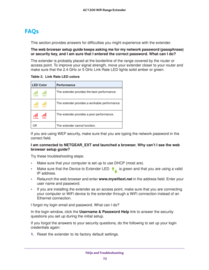 Page 72FAQs and Troubleshooting 72
AC1200 WiFi Range Extender 
FAQs
This section provides answers for difficulties you might experience with the extender.
The web browser setup guide keeps asking me for my network password (pa\
ssphrase) 
or security key
 , and I am sure that I entered the correct password. What can I do?
The extender is probably placed at the borderline of the range covered b\
y the router or  access point. 
 To improve your signal strength, move your extender closer to your router\
 and 
make...