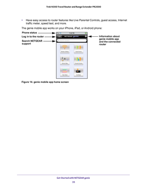 Page 35Get Started with NETGEAR genie 35
 Trek N300 Travel Router and Range Extender PR2000
•
Have easy access to router features like Live Parental Controls, guest a\
ccess, Internet 
traffic meter, speed test, and more.
The genie mobile app works on your iPhone, iPad, or Android phone:
Log in to the router Information about
genie mobile app
Phone status
Search NETGEAR
supportand the connected
router
Figure 14. genie mobile app home screen 