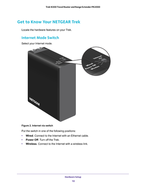 Page 10Hardware Setup 10
Trek N300 Travel Router and Range Extender PR2000 
Get to Know Your NETGEAR Trek
Locate the hardware features on your Trek.
Internet Mode Switch
Select your Internet mode.
NETGEAR
NETGEARPR2000
Power
Internet
WiFi
USB
Internet via
Wired
Power Off Wireles
Internet via
Wired
Power Off Wireles
Figure 2. Internet via switch
Put the switch in one of the following positions:
• W
ired . Connect to the Internet with an Ethernet cable.
• Power Off. 
 Turn off the Trek.
• W
ireless . Connect to...