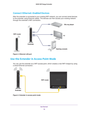 Page 16Get Started 16
N600
 WiF
 Range Extender 
Connect Ethernet-Enabled Devices
After the extender is connected to your existing WiFi network, you can c\
onnect wired devices 
to the extender using Ethernet cables. The devices can then access your existing network 
through the extender’s WiFi connection.
Extender Blu-ray player
TV
Gaming console
WiFi router
Figure 4. Ethernet LAN port
Use the Extender in Access Point Mode
You can use the extender as a WiFi access point, which creates a new WiFi\
 hotspot by...