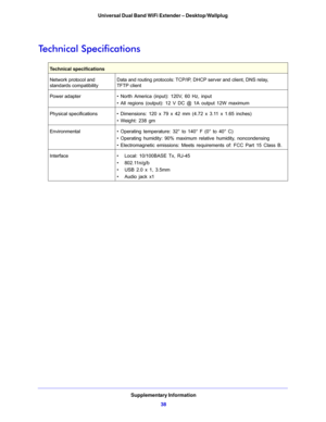 Page 38Supplementary Information
38 Universal Dual Band WiFi Extender – Desktop/Wallplug
Technical Specifications
Technical specifications 
Network protocol and 
standards compatibilityData and routing protocols: TCP/IP, DHCP server and client, DNS relay, 
TFTP client
Power adapter • North America (input): 120V, 60 Hz, input
• All regions (output): 12 V DC @ 1A output 12W maximum
Physical specifications • Dimensions: 120 x 79 x 42 mm (4.72 x 3.11 x 1.65 inches)
• Weight: 238 gm
Environmental • Operating...