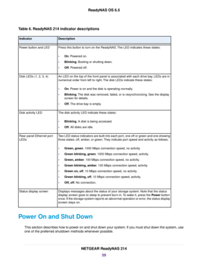 Page 59Table 6. ReadyNAS 214 indicator descriptions
DescriptionIndicator
Press this button to turn on the ReadyNAS.The LED indicates these states:
•On. Powered on.
•Blinking. Booting or shutting down.
•Off. Powered off.
Power button and LED
An LED on the top of the front panel is associated with each drive bay. LEDs are in
numerical order from left to right.The disk LEDs indicate these states:
•On. Power is on and the disk is operating normally.
•Blinking.The disk was removed, failed, or is resynchronizing. See...