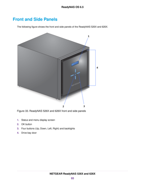 Page 93Front and Side Panels
The following figure shows the front and side panels of the ReadyNAS 526X and 626X.
Figure 33. ReadyNAS 526X and 626X front and side panels
1.Status and menu display screen
2.OK button
3.Four buttons (Up, Down, Left, Right) and backlights
4.Drive bay door
NETGEAR ReadyNAS 526X and 626X
93
ReadyNAS OS 6.5 