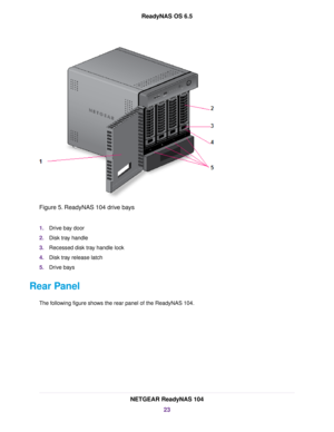 Page 23Figure 5. ReadyNAS 104 drive bays
1.Drive bay door
2.Disk tray handle
3.Recessed disk tray handle lock
4.Disk tray release latch
5.Drive bays
Rear Panel
The following figure shows the rear panel of the ReadyNAS 104.
NETGEAR ReadyNAS 104
23
ReadyNAS OS 6.5 