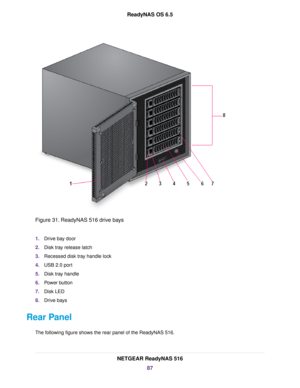 Page 87Figure 31. ReadyNAS 516 drive bays
1.Drive bay door
2.Disk tray release latch
3.Recessed disk tray handle lock
4.USB 2.0 port
5.Disk tray handle
6.Power button
7.Disk LED
8.Drive bays
Rear Panel
The following figure shows the rear panel of the ReadyNAS 516.
NETGEAR ReadyNAS 516
87
ReadyNAS OS 6.5 