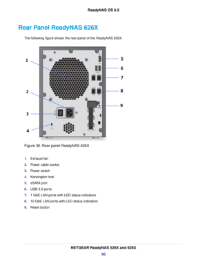 Page 96Rear Panel ReadyNAS 626X
The following figure shows the rear panel of the ReadyNAS 626X.
Figure 36. Rear panel ReadyNAS 626X
1.Exhaust fan
2.Power cable socket
3.Power switch
4.Kensington lock
5.eSATA port
6.USB 3.0 ports
7.1 GbE LAN ports with LED status indicators
8.10 GbE LAN ports with LED status indicators
9.Reset button
NETGEAR ReadyNAS 526X and 626X
96
ReadyNAS OS 6.5 