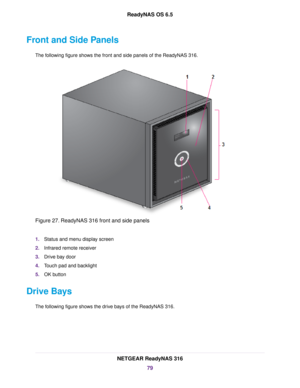 Page 79Front and Side Panels
The following figure shows the front and side panels of the ReadyNAS 316.
Figure 27. ReadyNAS 316 front and side panels
1.Status and menu display screen
2.Infrared remote receiver
3.Drive bay door
4.Touch pad and backlight
5.OK button
Drive Bays
The following figure shows the drive bays of the ReadyNAS 316.
NETGEAR ReadyNAS 316
79
ReadyNAS OS 6.5 