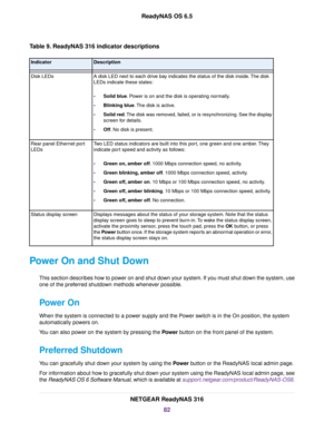 Page 82Table 9. ReadyNAS 316 indicator descriptions
DescriptionIndicator
A disk LED next to each drive bay indicates the status of the disk inside.The disk
LEDs indicate these states:
•Solid blue. Power is on and the disk is operating normally.
•Blinking blue.The disk is active.
•Solid red.The disk was removed, failed, or is resynchronizing. See the display
screen for details.
•Off. No disk is present.
Disk LEDs
Two LED status indicators are built into this port, one green and one amber.They
indicate port speed...