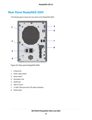 Page 95Rear Panel ReadyNAS 526X
The following figure shows the rear panel of the ReadyNAS 526X.
Figure 35. Rear panel ReadyNAS 526X
1.Exhaust fan
2.Power cable socket
3.Power switch
4.Kensington lock
5.eSATA port
6.USB 3.0 ports
7.10 GbE LAN ports with LED status indicators
8.Reset button
NETGEAR ReadyNAS 526X and 626X
95
ReadyNAS OS 6.5 