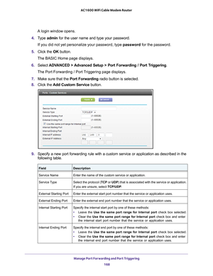 Page 168Manage Port Forwarding and Port Triggering 168
AC1600 WiFi Cable Modem Router 
A login window opens.
4.  T
ype  admin for the user name and type your password.
If you did not yet personalize your password, type password for the password.
5.  Click the  OK button.
The BASIC Home page displays.
6.  Select  ADV
 ANCED > Advanced Setup > Port Forwarding / Port Triggering.
The Port Forwarding / Port Triggering page displays.
7.  Make sure that the Port Forwarding radio button is selected.
8.  Click the  Add...