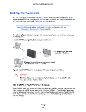 Page 62Storage62
CENTRIA WNDR4700/WNDR4720 
Back Up Your Computers
You can back up your computers onto the CENTRIA internal SATA hard disk drive or to a 
connected external USB storag
e drive. You can use a formatted HDD or you can format an 
HDD from the router menu (see  Format the HDD on p
 age 72). 
Note:  For information about backing up the router configuration file, see 
Manage the Configuration File  on page 95.
The following figure shows an ex ample of t
 he sequence of tasks you could use to back up...