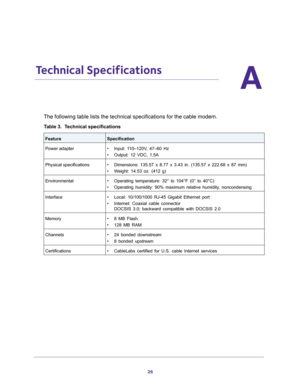 Page 2626
A
A.   Technical Specifications
The following table lists the technical specifications for the cable mod\
em.
Table 3.  Technical specifications 
FeatureSpecification
Power adapter • Input: 1
10–120V, 47–60 Hz
• Output: 12 VDC, 1.5A
Physical specifications • Dimensions: 135.57 x 8.77 x 3.43 in. (135.57 x 222.68 x 87 mm)
•  W
eight: 14.53 oz. (412 g)
Environmental • Operating temperature: 32° to 104°F (0° to 40°C)
•  Operating humidity: 90% maximum relative humidity
 , noncondensing
Interface • Local:...