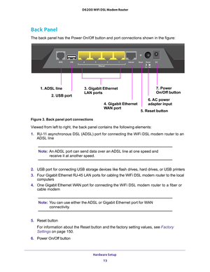 Page 13Hardware Setup 13
 D6200 WiFi DSL Modem Router
Back Panel
The back panel has the Power On/Off button and port connections shown in the figure:
4. Gigabit Ethernet
7. Power 
1. ADSL line
6. AC power 
2. USB port 3. Gigabit Ethernet 
5. Reset buttonOn/Off button
adapter input
WAN port
LAN ports
Figure 3. Back panel port connections
Viewed from left to right, the back panel contains the following elements\
:
1. 
RJ-1
1 asynchronous DSL (ADSL) port for connecting the WiFi DSL modem route\
r to an 
ADSL line...