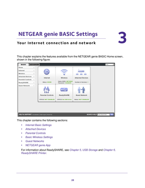 Page 2828
3
3.    NETGEAR genie BASIC Settings
Your Internet connection and network
This chapter explains the features available from the NETGEAR genie BASI\
C Home screen, shown in the following figure:
This chapter contains the following sections:
•Internet Basic Settings 
• Attached Devices 
• Parental Controls 
• Basic Wireless Settings 
• Guest Networks 
• NETGEAR genie App 
For information about ReadySHARE, see Chapter 5, USB Storage and Chapter 6, 
ReadySHARE Printer . 