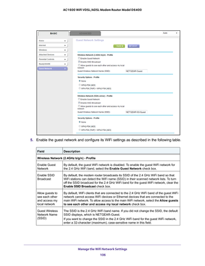 Page 106Manage the WiFi Network Settings 106
AC1600 WiFi VDSL/ADSL Modem Router Model D6400 
5. 
Enable the guest network and configure its WiFi settings as described in\
 the following table.
FieldDescription
Wireless Network (2.4GHz b/g/n) - Profile
Enable Guest 
Network By default, the guest WiFi network is disabled. To enable the guest WiFi network for 
the 2.4 GHz WiFi band, select the Enable Guest Network
 check box.
Enable SSID 
Broadcast  By default, the modem router broadcasts its SSID of the 2.4 GHz...