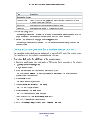 Page 145Optimize Performance 
145  AC1600 WiFi VDSL/ADSL Modem Router Model D6400
10. Click the Apply button.
Your settings are saved. The new rule is added to the table on the QoS Priority Rule list 
page. However, if you restart the modem router, the QoS rule is removed.
11. On the QoS Priority Rule list page, click the Apply button.
Your settings are saved and the new QoS rule remains available after you restart the 
modem router.
Create a Custom QoS Rule for a Modem Router LAN Port
You can add a custom QoS...