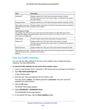 Page 228Manage the Modem Router and Monitor the Traffic 
228 AC1600 WiFi VDSL/ADSL Modem Router Model D6400 
View the Traffic Statistics
You can view the traffic statistics for the ports of the modem router, change the polling 
frequency, and stop traffic polling.
To view the traffic statistics for the ports of the modem router:
1. Launch a web browser from a computer or WiFi device that is connected to the network.
2. Type http://www.routerlogin.net.
A login window opens.
3. Enter the user name and password...