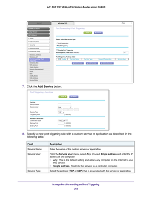 Page 265Manage Port Forwarding and Port Triggering 265
 AC1600 WiFi VDSL/ADSL Modem Router Model D6400
7. 
Click the  Add Service button.
8. Specify a new port triggering rule with a custom service or application \
as described in the 
following table.
FieldDescription
Service Name Enter the name of the custom service or application.
Service User From the Service User  menu, select  Any, or select Single address and enter the IP 
address of one computer:
•  Any . 
This is the default setting and allows any...