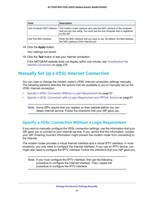 Page 57Manage the Internet Settings Manually 
57  AC1600 WiFi VDSL/ADSL Modem Router Model D6400
14. Click the Apply button.
Your settings are saved.
15. Click the Test button to test your Internet connection. 
If the NETGEAR website does not display within one minute, see Troubleshoot the 
Internet Connection on page 276.
Manually Set Up a VDSL Internet Connection
You can view or change the modem router’s VDSL Internet connection settings manually. 
The following sections describe the options that are...