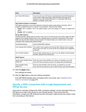 Page 61Manage the Internet Settings Manually 
61  AC1600 WiFi VDSL/ADSL Modem Router Model D6400
13. Click the Apply button.
Your settings are saved.
14. Click the Test button to test your Internet connection. 
If the NETGEAR website does not display within one minute, see Troubleshoot the 
Internet Connection on page 276.
Specify a VDSL Connection with a Login Requirement and 
PPPoE Service
If you want to manually configure the VDSL connection settings, use the information that your 
ISP gave you to log in and...