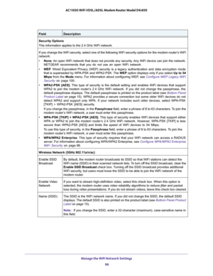 Page 96Manage the WiFi Network Settings 
96 AC1600 WiFi VDSL/ADSL Modem Router Model D6400 
Security Options
This information applies to the 2.4 GHz WiFi network.
If you change the WiFi security, select one of the following WiFi security options for the modem router’s WiFi 
network:
• None. An open WiFi network that does not provide any security. Any WiFi device can join the network. 
NETGEAR recommends that you do not use an open WiFi network.
• WEP. Wired Equivalent Privacy (WEP) security is a legacy...