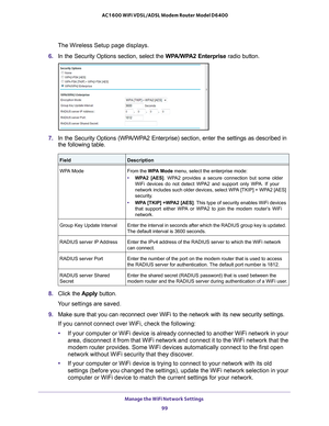 Page 99Manage the WiFi Network Settings 99
 AC1600 WiFi VDSL/ADSL Modem Router Model D6400
The Wireless Setup page displays.
6.  In the Security Options section, select the  WP
 A/WPA2 Enterprise radio button.
7. In the Security Options (WPA/WPA2 Enterprise) section, enter the settings as described in 
the following table.
FieldDescription
WPA Mode From the WP
A Mode menu, select the enterprise mode:
•  WP
A2 [AES]. WPA2 provides a secure connection but some older 
WiFi devices do not detect WPA2 and support...