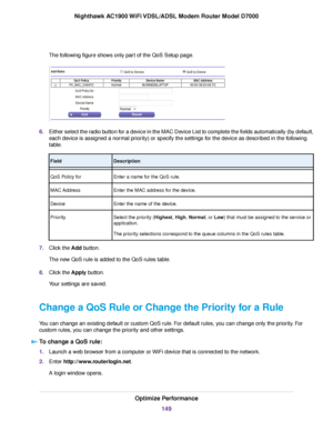 Page 149The following figure shows only part of the QoS Setup page.
6.
Either select the radio button for a device in the MAC Device List to complete the fields automatically (by default,
each device is assigned a normal priority) or specify the settings for the device as described in the following
table. Description
Field
Enter a name for the QoS rule.
QoS Policy for
Enter the MAC address for the device.
MAC Address
Enter the name of the device.
Device
Select the priority (Highest, High, Normal, or Low) that...