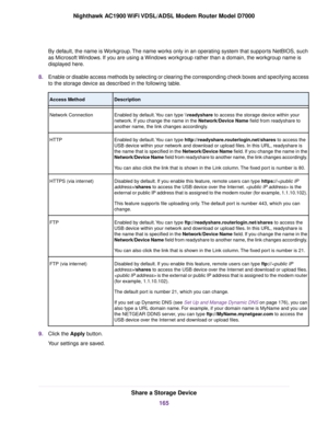 Page 165By default, the name is Workgroup. The name works only in an operating system that supports NetBIOS, such
as Microsoft Windows. If you are using a Windows workgroup rather than a domain, the workgroup name is
displayed here.
8. Enable or disable access methods by selecting or clearing the corresponding check boxes and specifying access
to the storage device as described in the following table. Description
Access Method
Enabled by default. You can type \
eadyshare to access the storage device within your...