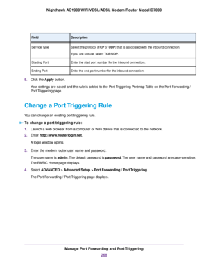 Page 268Description
Field
Select the protocol (TCP or UDP) that is associated with the inbound connection.
If y
ou are unsure, select TCP/UDP.
Ser

vice Type
Enter the start port number for the inbound connection.
Starting Port
Enter the end port number for the inbound connection.
Ending Port
8. Click the Apply button.
Y

our settings are saved and the rule is added to the Port Triggering Portmap Table on the Port Forwarding /
Port Triggering page.
Change a Port Triggering Rule
You can change an existing port...