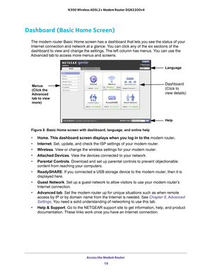 Page 19Access the Modem Router 19
 N300 Wireless ADSL2+ Modem Router DGN2200v4
Dashboard (Basic Home Screen)
The modem router Basic Home screen has a dashboard that lets you see the\
 status of your 
Internet connection and network at a glance. You can click any of the six sections of the 
dashboard to view and change the settings. The left column has menus. You can use the 
Advanced tab to access more menus and screens.
Menus 
(Click the 
Advanced  tab to view 
more) Language
Help Dashboard 
(Click to 
view...