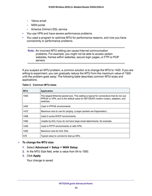 Page 39NETGEAR genie Advanced Home 39
 N300 Wireless ADSL2+ Modem Router DGN2200v4
-
Yahoo email
- MSN portal
- America Online’
 s DSL service
• Y
ou use VPN and have severe performance problems.
•Y
ou used a program to optimize MTU for performance reasons, and now you h\
ave 
connectivity or performance problems.
Note: An incorrect MTU setting can cause Internet communication 
problems. For example, you might not be able to access certain 
websites, frames within websites, secure login pages, or FTP or POP...