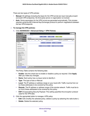 Page 124Advanced Settings 124
N600 Wireless Dual Band Gigabit ADSL2+ Modem Router DGND3700v2 
There are two types of VPN policies:
• Manual. 
 All settings (including the keys) for the VPN tunnel are input manuall\
y at each 
end (both VPN endpoints). No third-party server or organization is inv\
olved.
• Auto. Some parameters for the VPN tunnel are generated automatically
 . This process 
requires using the IKE (Internet Key Exchange) protocol to perform neg\
otiations between 
the two VPN endpoints. 
To...