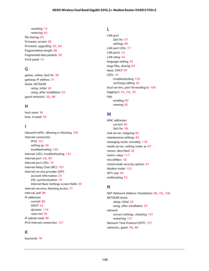 Page 146 
146 N600 Wireless Dual Band Gigabit ADSL2+ Modem Router DGND3700v2 
resetting 12
restoring 93
file sharing 62
firmware version 85
firmware, upgrading 25, 84
fragmentation length 98
fragmented data packets 50
front panel 14
G
games, online, QoS for 56
gateway IP address 31
Genie, NETGEAR
setup, initial 24
using, after installation 25
guest networks 39, 89
H
host name 30
host, trusted 76
I
inbound traffic, allowing or blocking 105
Internet connection
IPv6 121
setting up 30
troubleshooting 134
Internet...