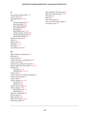 Page 148 
148 N600 Wireless Dual Band Gigabit ADSL2+ Modem Router DGND3700v2 
U
Universal Plug and Play (UPnP) 119
up time, system 86
upgrading firmware 25, 84
USB
advanced configuration 65
advanced settings 119
basic storage settings 63
drive requirements 61
file sharing 62
ReadySHARE access 61, 64
remote computer connection 69
specifying approved devices 68
unmounting a USB drive 67
USB devices, approved 68
USB port 15
USB port LED 16
USB printer 71, 73
USB speaker 74
user-defined services 80
W
WAN IP address,...