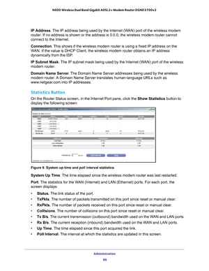 Page 86Administration 86
N600 Wireless Dual Band Gigabit ADSL2+ Modem Router DGND3700v2 
IP Address
. The IP address being used by the Internet (WAN) port of the wireless modem 
router. If no address is shown or the address is 0.0.0, the wireless mod\
em router cannot 
connect to the Internet.
Connection. This shows if the wireless modem router is using a fixed IP address on t\
he 
W

AN. If the value is DHCP Client, the wireless modem router obtains an IP\
 address 
dynamically from the ISP.
IP Subnet Mask....